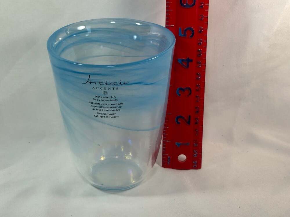 1 Artistic Accents 5” Blue Opalescent Swirl blown Glass Tumbler  Cup